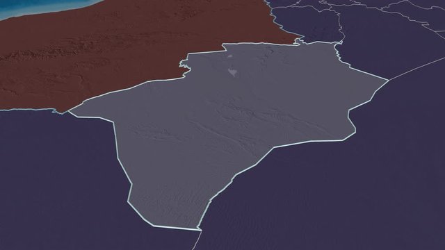 B&eacute;char, province with its capital, zoomed and extruded on the administrative map of Algeria in the conformal Stereographic projection. Animation 3D