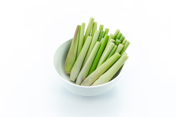 slice lemon grass in bowl on white background.