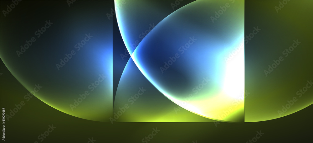 Fototapete techno glowing glass geometric shapes vector background, futuristic dark template with neon light ef