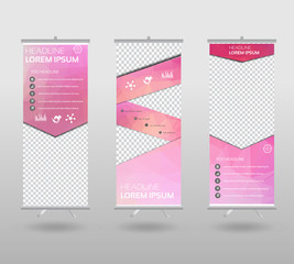Roll Up Banner template and info graphics stand design, advertisement, display, business flyer, polygon background. vector illustration.