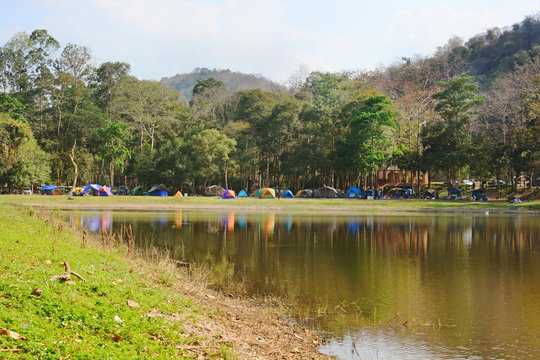 Landscape of lots of tent beside the reservoir, river at Samlan national park, Saraburi, Thailand