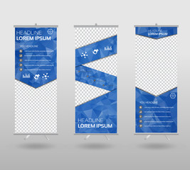 Roll Up Banner template and info graphics stand design, advertisement, display, business flyer, polygon background. vector illustration.