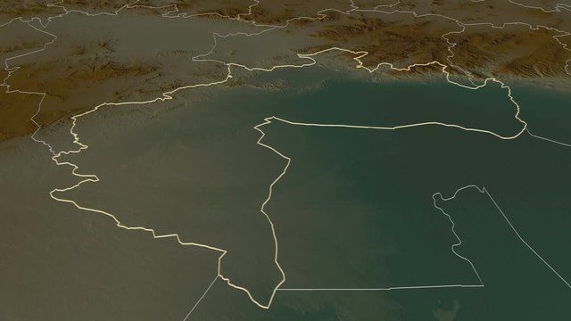 Biskra, province with its capital, zoomed and extruded on the relief map of Algeria in the conformal Stereographic projection. Animation 3D