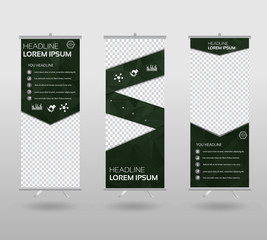Roll Up Banner template and info graphics stand design, advertisement, display, business flyer, polygon background. vector illustration.