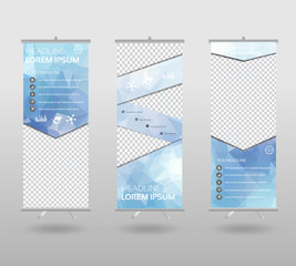 Roll Up Banner template and info graphics stand design, advertisement, display, business flyer, polygon background. vector illustration.