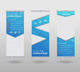 Roll Up Banner template and info graphics stand design, advertisement, display, business flyer, polygon background. vector illustration.