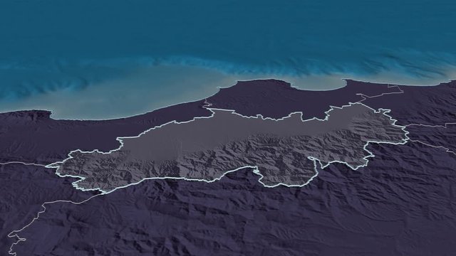 Blida, province with its capital, zoomed and extruded on the administrative map of Algeria in the conformal Stereographic projection. Animation 3D
