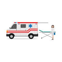 flat design of the profession of a nurse with an ambulance car that helps medical emergencies isolated white background