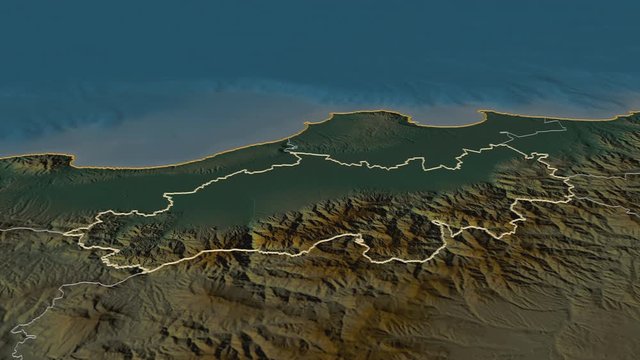 Blida, province with its capital, zoomed and extruded on the relief map of Algeria in the conformal Stereographic projection. Animation 3D