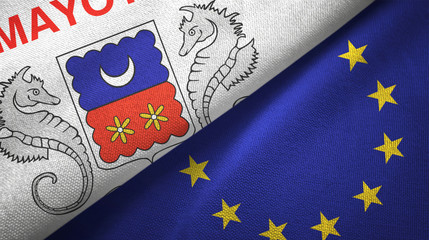 Mayotte and European Union two flags textile cloth, fabric texture