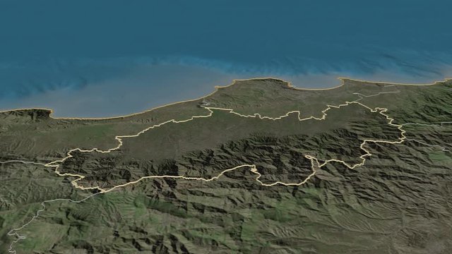 Blida, province with its capital, zoomed and extruded on the satellite map of Algeria in the conformal Stereographic projection. Animation 3D