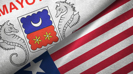Fototapeta premium Mayotte and Liberia two flags textile cloth, fabric texture