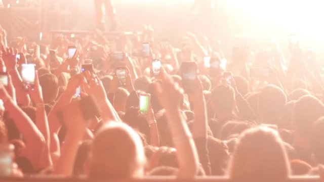Energetic people dancing with their hands up at the rock concert - a woman in provocative costume walking on the stage