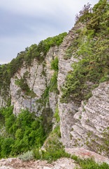 Mountain with a steep rocky slope and valley with thick green forest on it.