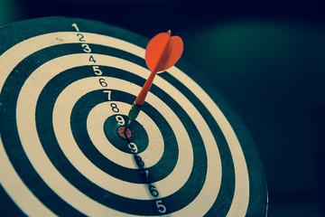 Red dart arrow hitting in the center of bullseye for Business focus concept.