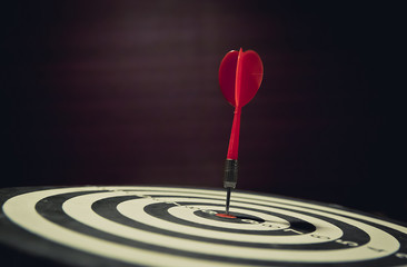 Red dart arrow hitting in the center of bullseye for Business focus concept.
