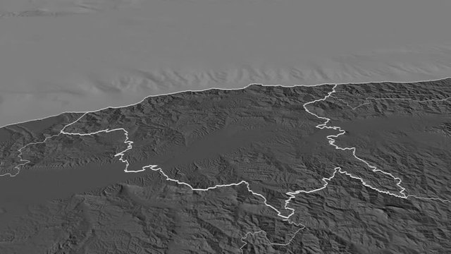 Chlef, province with its capital, zoomed and extruded on the bilevel map of Algeria in the conformal Stereographic projection. Animation 3D