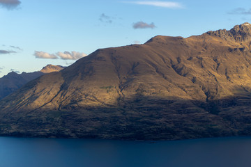 Looking down at Queenstown with beautiful lake from top of Ben Lomond mountain