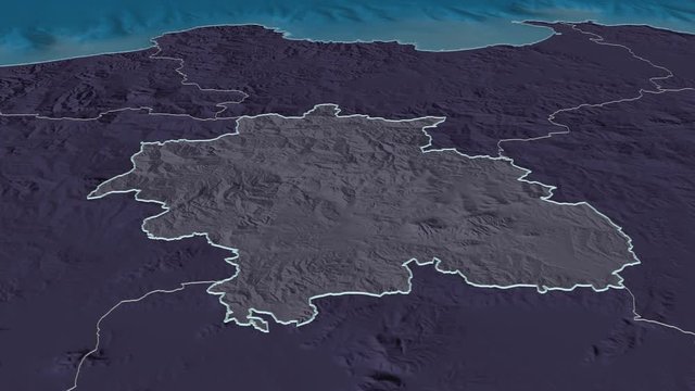 Constantine, province with its capital, zoomed and extruded on the administrative map of Algeria in the conformal Stereographic projection. Animation 3D
