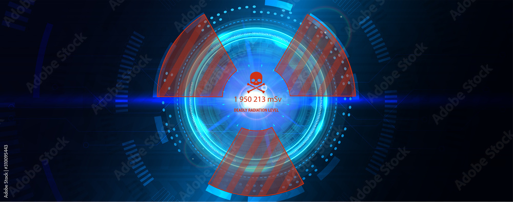 Poster Power reactor with futuristic interface HUD. Abstract technology circle with radiation symbol on a dark and blue background. Futuristic user interface element. Hi-tech background. Vector illustration