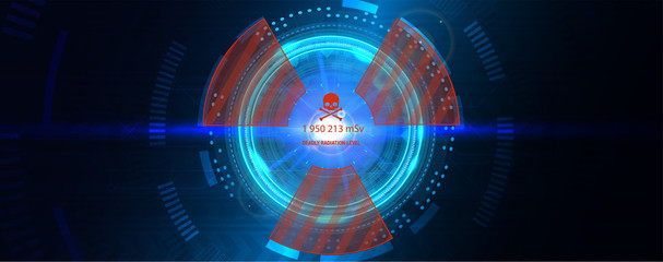 Power reactor with futuristic interface HUD. Abstract technology circle with radiation symbol on a dark and blue background. Futuristic user interface element. Hi-tech background. Vector illustration