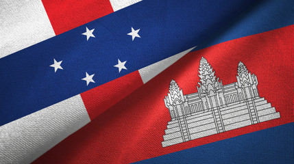 Netherlands Antilles and Cambodia two flags textile cloth, fabric texture