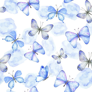 Watercolor seamless pattern with blue butterflies.
