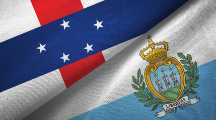 Netherlands Antilles and San Marino two flags textile cloth, fabric texture