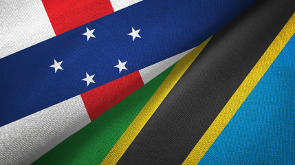 Netherlands Antilles and Tanzania two flags textile cloth, fabric texture