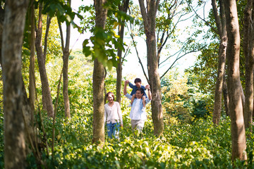 chinese family enjoying nature outdoors