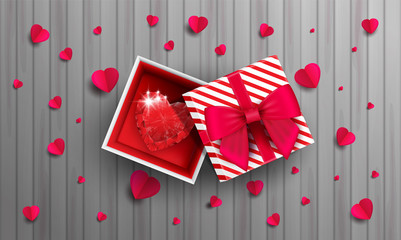 Vector, red diamond in paper box template isolated on white background. Valentine's day theme, Love iconic, Ideas for gift, art, design, decoration, EPS10.