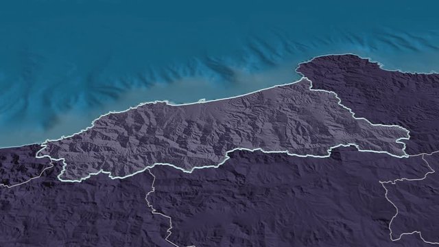 Jijel, province with its capital, zoomed and extruded on the administrative map of Algeria in the conformal Stereographic projection. Animation 3D