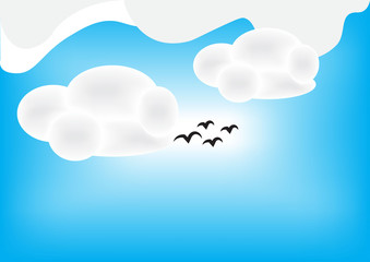 background illustration of sky scenery with bright light with blue background and some silhouettes of birds and clouds.