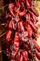 Fototapeta premium Close-up of ristra of drying chile pepper at Santa Fe, New Mexico with lights
