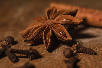 Star anise with cloves and cinnamon macro