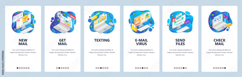 Poster mobile app onboarding screens. email business service, virus malware, message. menu vector banner te