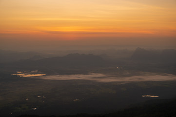 Sunset at Loei Province, Phu Kradueng National Park Thailand. Landscape view from mountain.