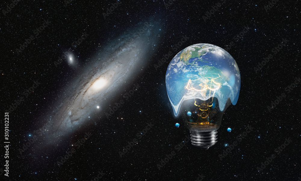 Aufkleber Light bulb with world inside and global warming isolated on black 