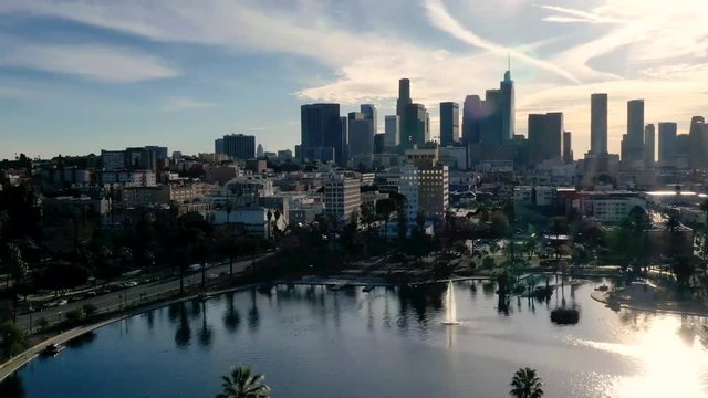 Stunning Aerial View Of MacArthur Park And Downtown Los Angeles, Cinematic Timelapse