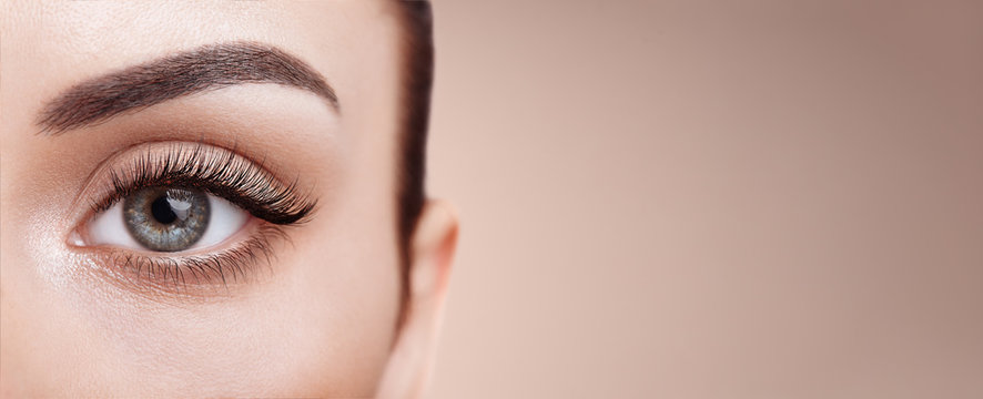 Female Eye with Extreme Long False Eyelashes. Eyelash Extensions. Makeup, Cosmetics, Beauty. Close up, Macro	