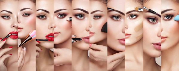 Collage faces of woman applying makeup. Makeup detail. Beauty model with perfect skin. Makeup...