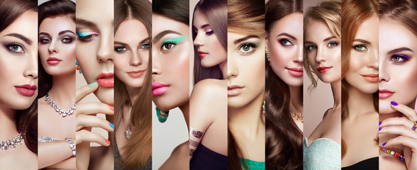Collage of beautiful women faces. Beauty makeup and hairstyles. Group of model girls - obrazy, fototapety, plakaty