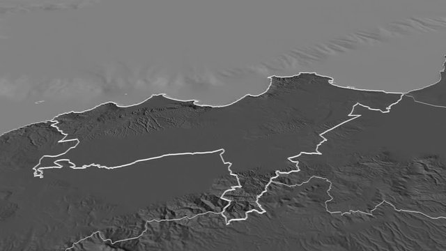 Oran, province with its capital, zoomed and extruded on the bilevel map of Algeria in the conformal Stereographic projection. Animation 3D