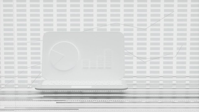 White laptop with animation of graphic shapes, data geometry background, 3d rendering.