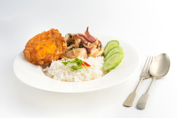 Stir Fried Basil with Squid and Fried Egg on Rice
