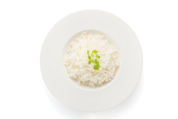 jasmine rice in a white bowl, top view