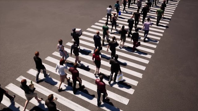 People walking zebra crossing, great design for any purposes. Pedestrian sign. Pedestrian crossing street. Top view background. City top view. People crowd. City busy pedestrian crossing. 4k