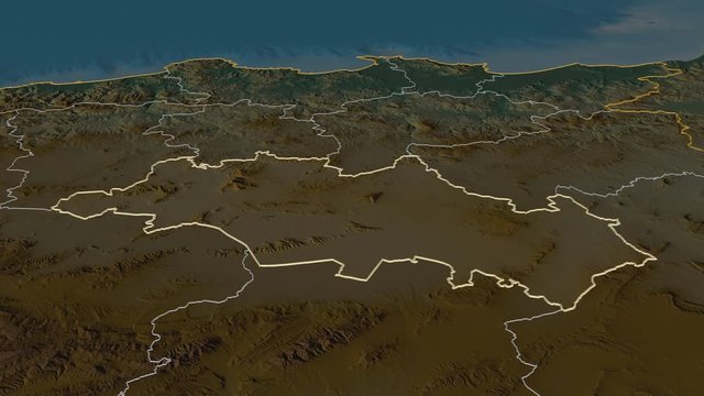 Oum el Bouaghi, province with its capital, zoomed and extruded on the relief map of Algeria in the conformal Stereographic projection. Animation 3D