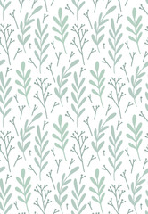 Seamless flat hand drawn pattern with branches, leaves and sticks on a white background. Vector rustic texture for wallpaper, fabrics and your creativity.