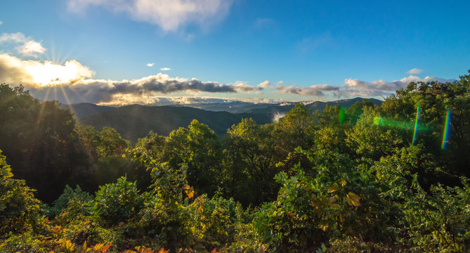 early morning autumn foggy photo at blue ridge parkway north carolina